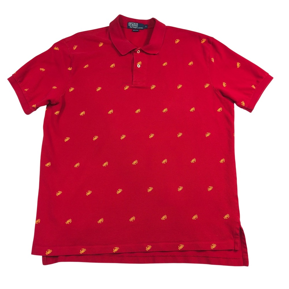 Polo Ralph Lauren Mens XL Red Polo Shirt Yellow Crab All Over Print Short Sleeve